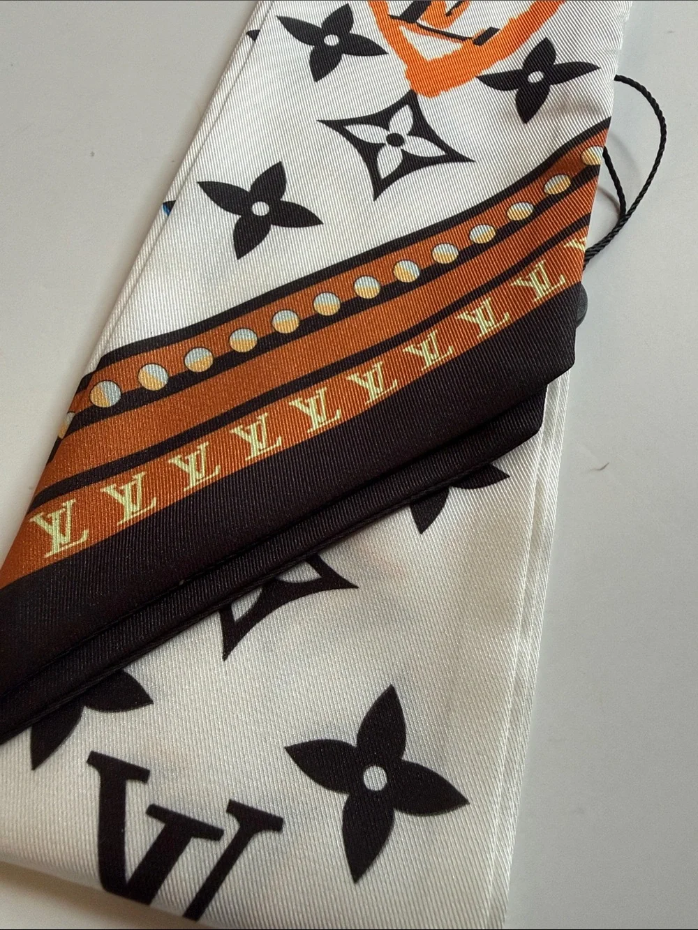 White & Orange Monogram Silk Scarf/Twilly